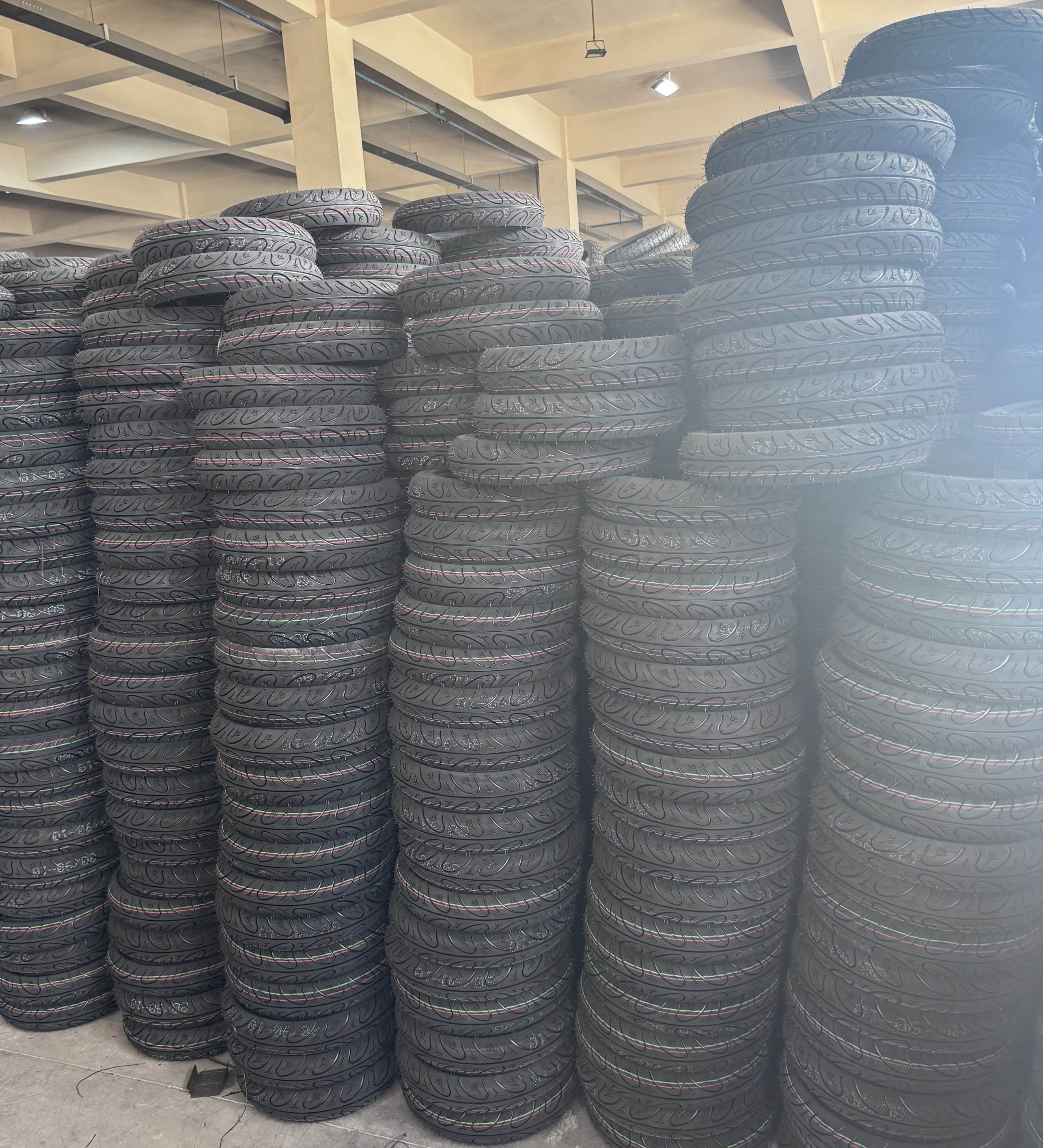 Motorcycle tire inventory stored in a warehouse for wholesale distribution