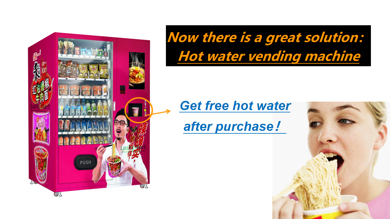 Cupnoodle vending machine, hot water vending machine, touch screen vending machine, snack and drink vending machine
