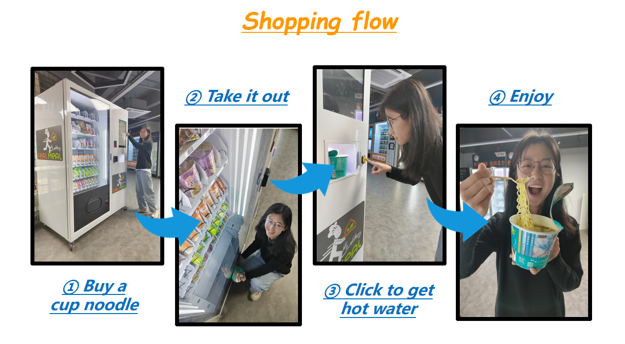 Cupnoodle vending machine, hot water vending machine, touch screen vending machine, snack and drink vending machine