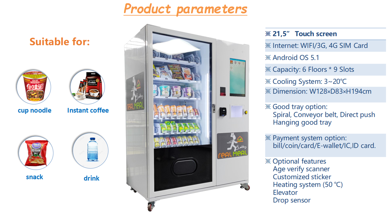 Cupnoodle vending machine, hot water vending machine, touch screen vending machine, snack and drink vending machine