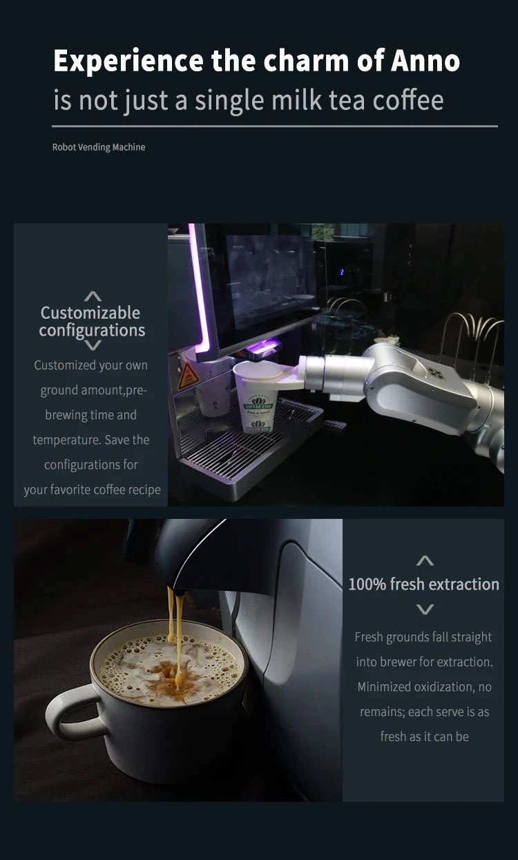 24/7 Automatic Coffee Vending Robot, your turnkey solution for a 24/7 coffee shop business, covering only 2.2 square meters, offers mobility and flexibility, providing unmanned retail solutions for an efficient coffee experience anytime, anywhere.
