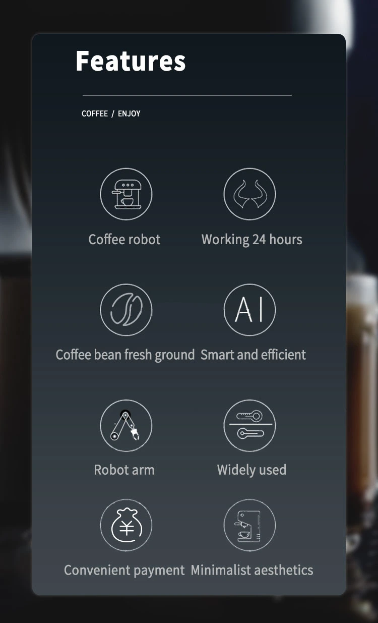 24/7 Automatic Coffee Vending Robot, your turnkey solution for a 24/7 coffee shop business, covering only 2.2 square meters, offers mobility and flexibility, providing unmanned retail solutions for an efficient coffee experience anytime, anywhere.