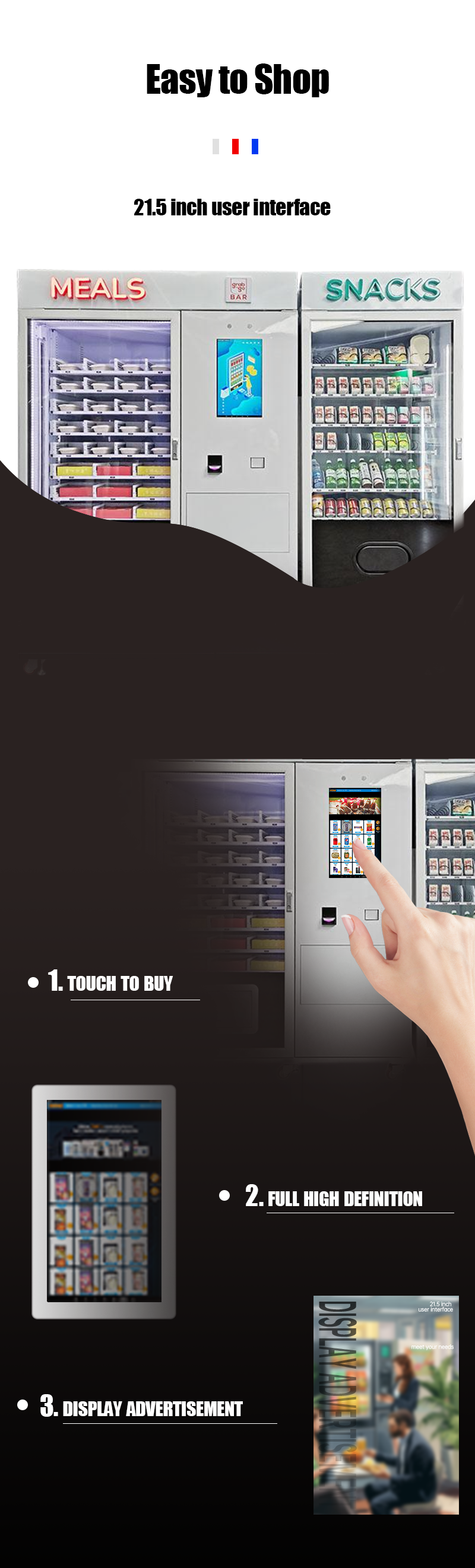 double Combo Vending Machine for meals and snacks easy to shop with 21.5 inch user interface