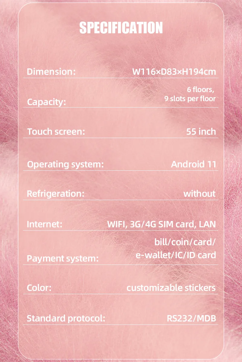 specification of Vending Machine for Perfume with 55-inch Touchscreen
