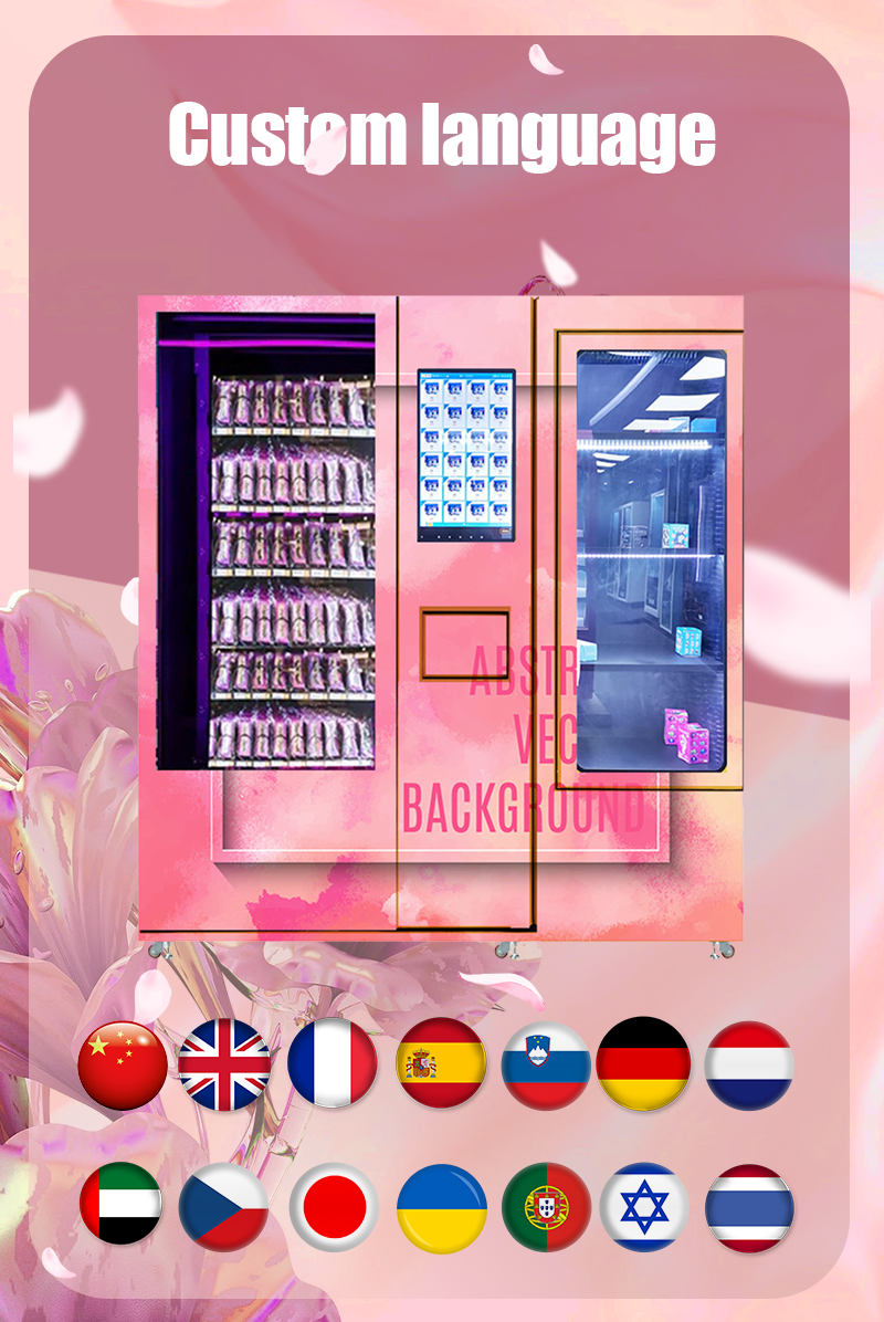 Hot-selling beauty vending machine for cosmetics beauty products perfume with a 21.5-inch touchscreen and elevator for safe delivery of fragile products; middle pickup port, no need to bend down; double infrared sensors for better protection; extra big lockers for displaying luxury products.