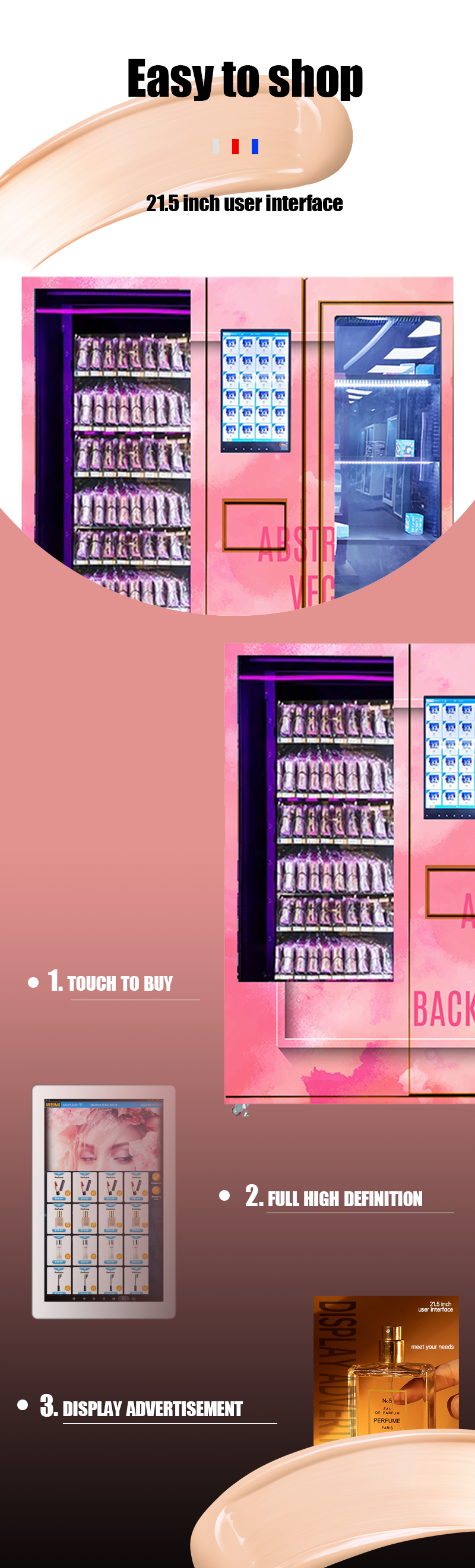 Hot-selling beauty vending machine for cosmetics beauty products perfume with a 21.5-inch touchscreen and elevator for safe delivery of fragile products; middle pickup port, no need to bend down; double infrared sensors for better protection; extra big lockers for displaying luxury products.