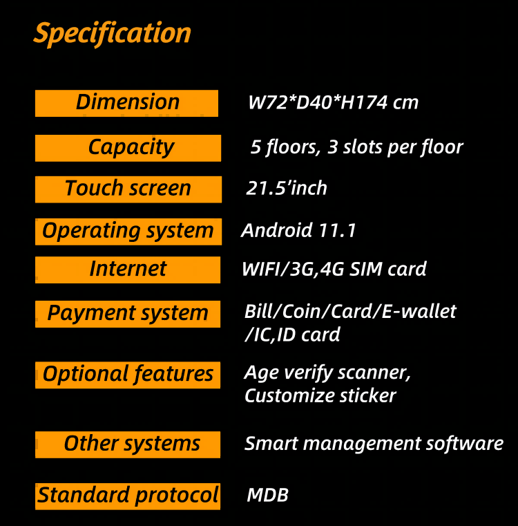 specification of Floor Standing Vape Vending Machine with ID Scanner and Card Reader