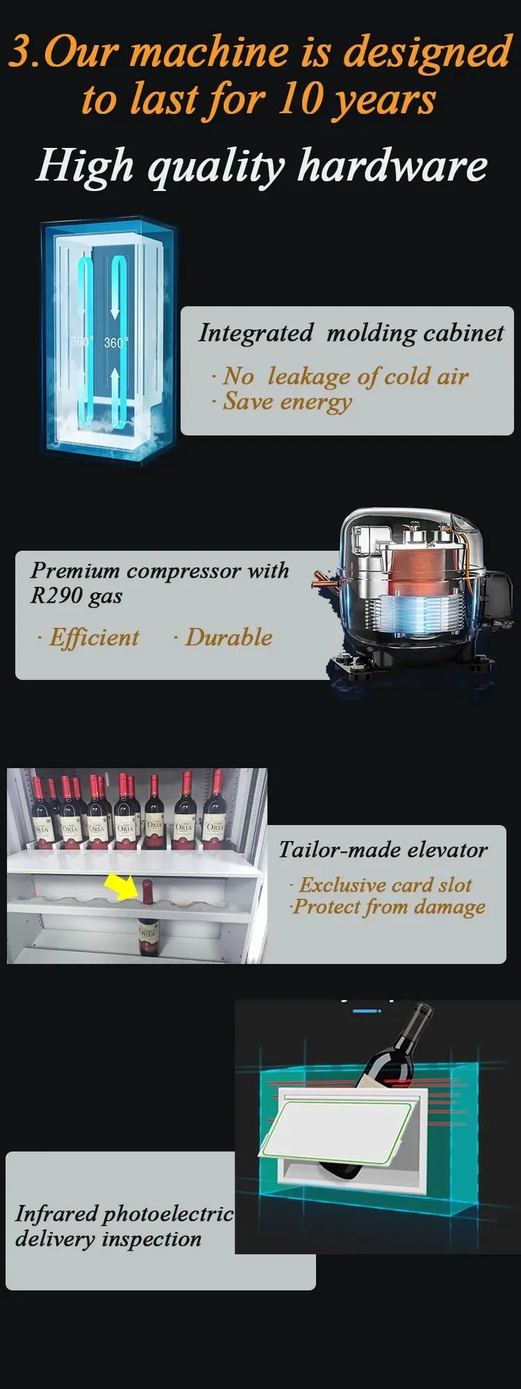 high quality hardware Alcohol Vending Machine with age recognizer and elevator for selling fragile products like beer, wine and glass-bottled products