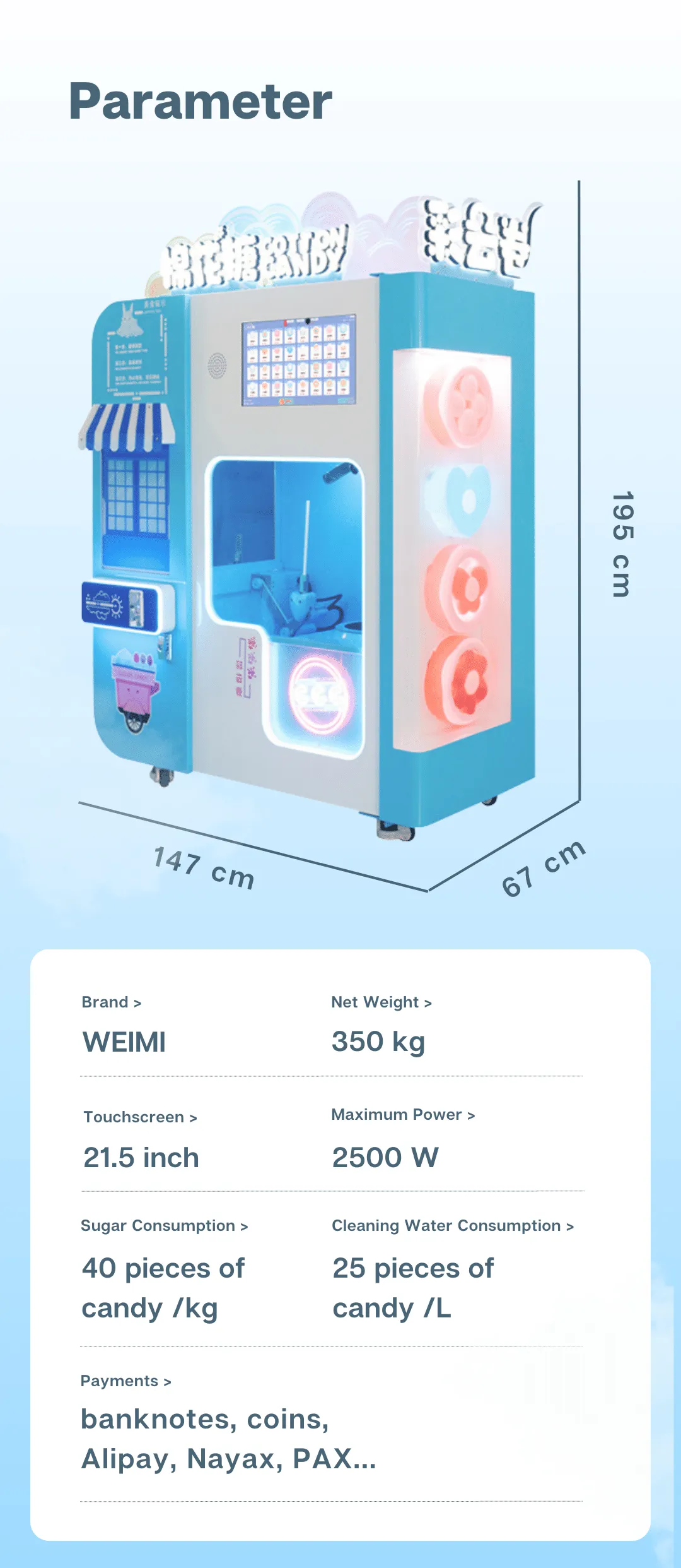Affordable Profitable Automatic Cotton Candy Vending Machine Candy Floss Machine for Sale parameter