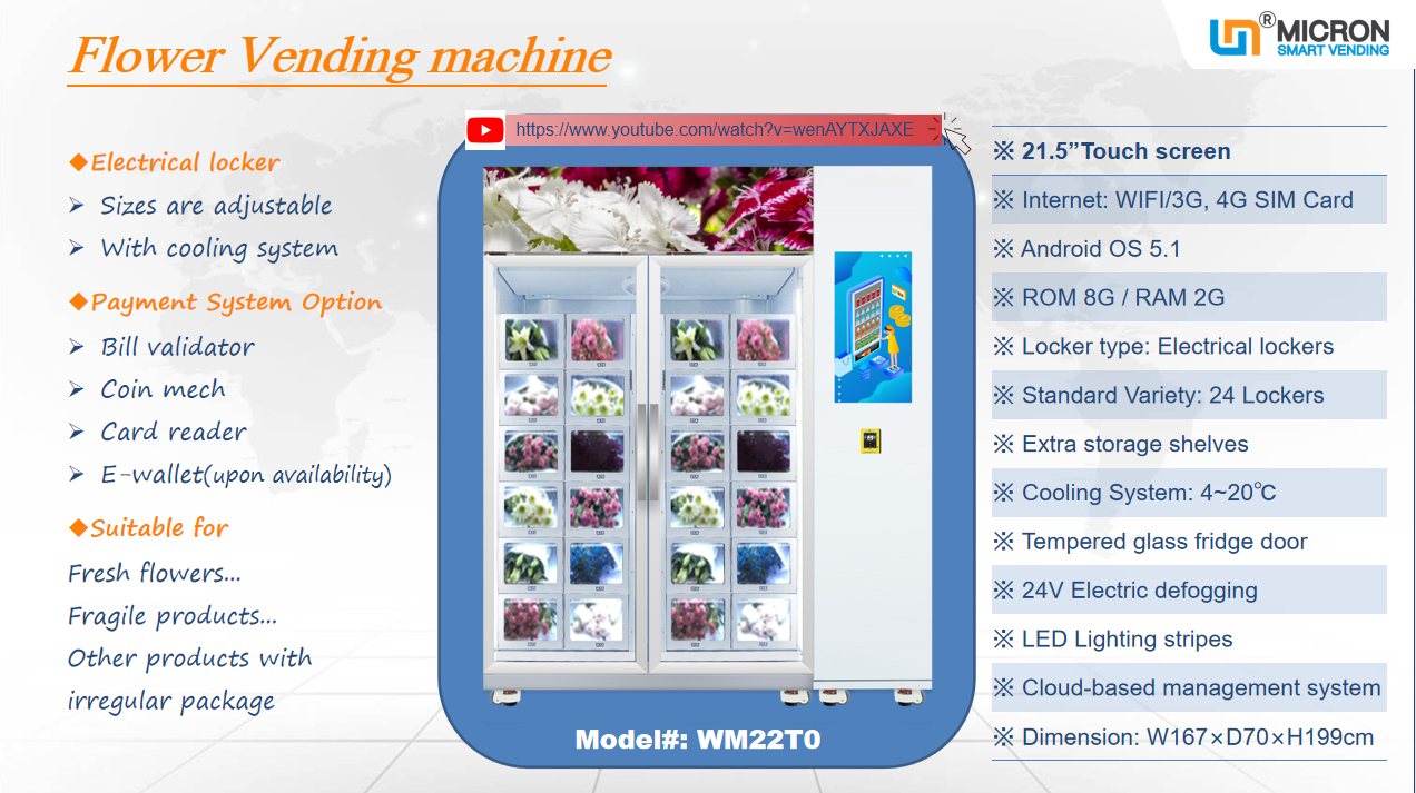Flowers vending machine with lockers cooling system touch screen