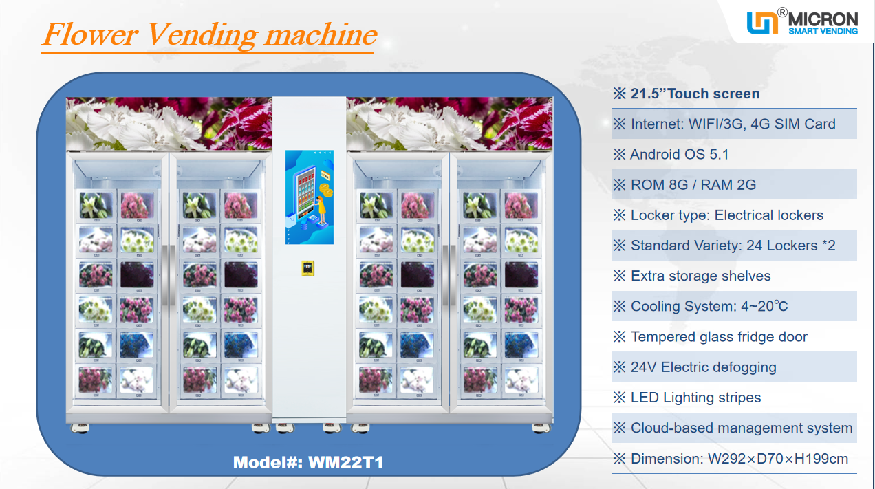 Flowers vending machine with lockers cooling system touch screen