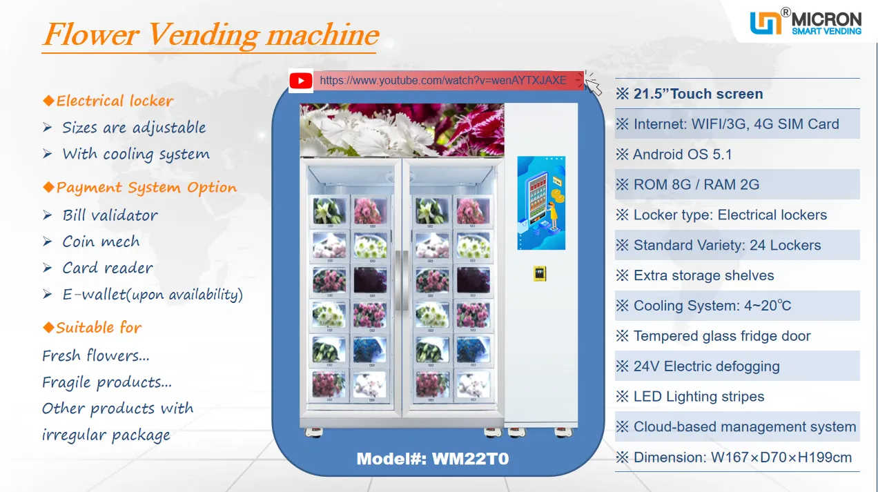 Flowers vending machine with lockers cooling system touch screen