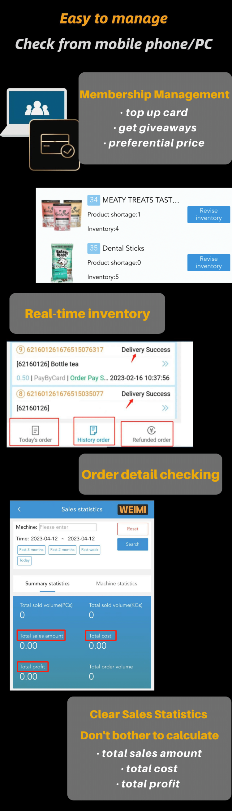Pet Vending Machine for Dogs and Cats Food Treats Wash Toys easy to manage with smart operating system, remotely check real-time inventory and sales data from mobile phone/pc