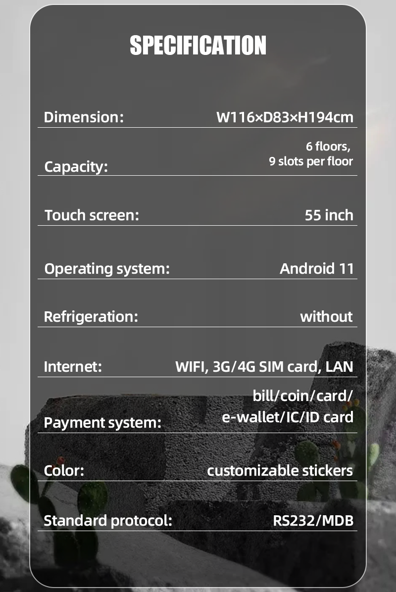 55-inch big touch screen vending machine with telemetry specification
