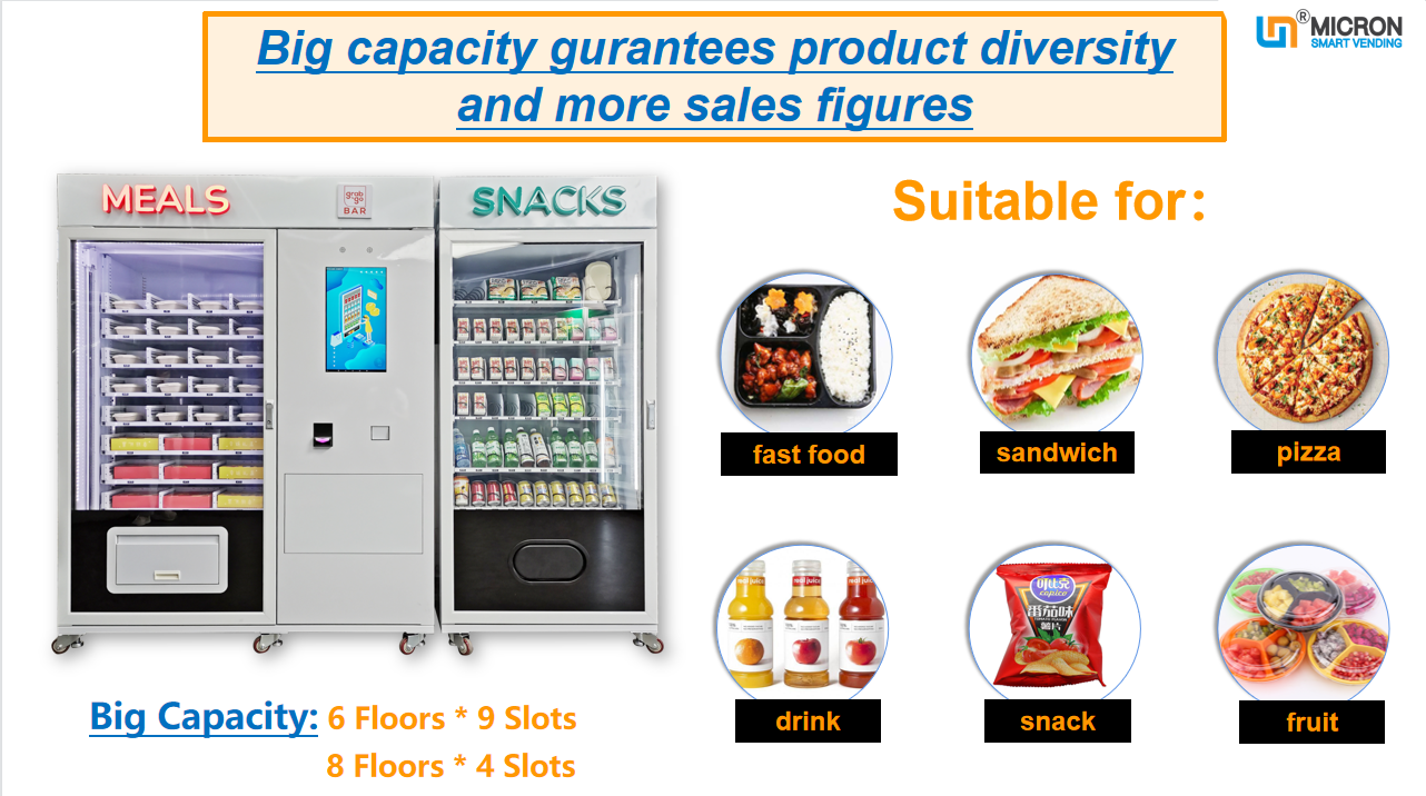 Cooked food meal drink vending machine, food vending machine, vending machine with microwave oven, ready food vending machine