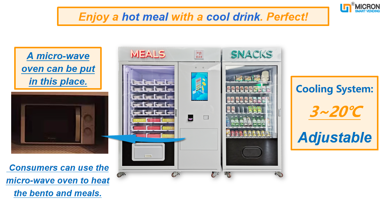 Cooked food meal drink vending machine, food vending machine, vending machine with microwave oven, ready food vending machine