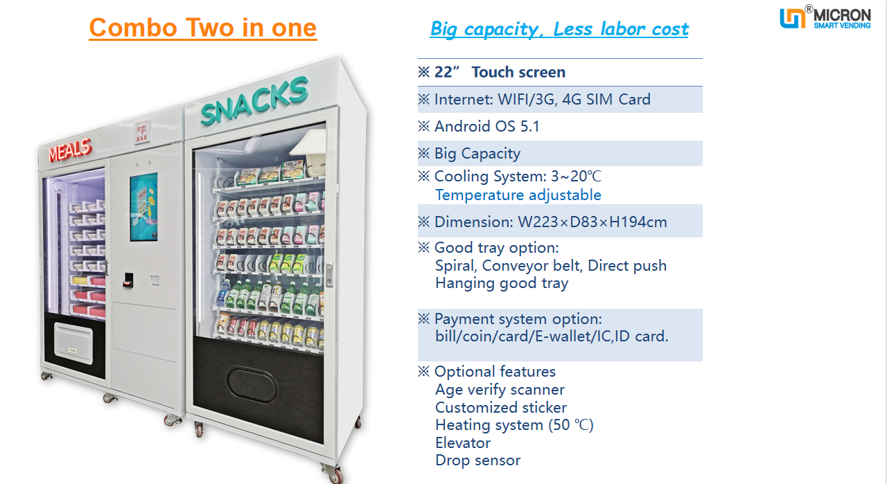 Cooked food meal drink vending machine, food vending machine, vending machine with microwave oven, ready food vending machine