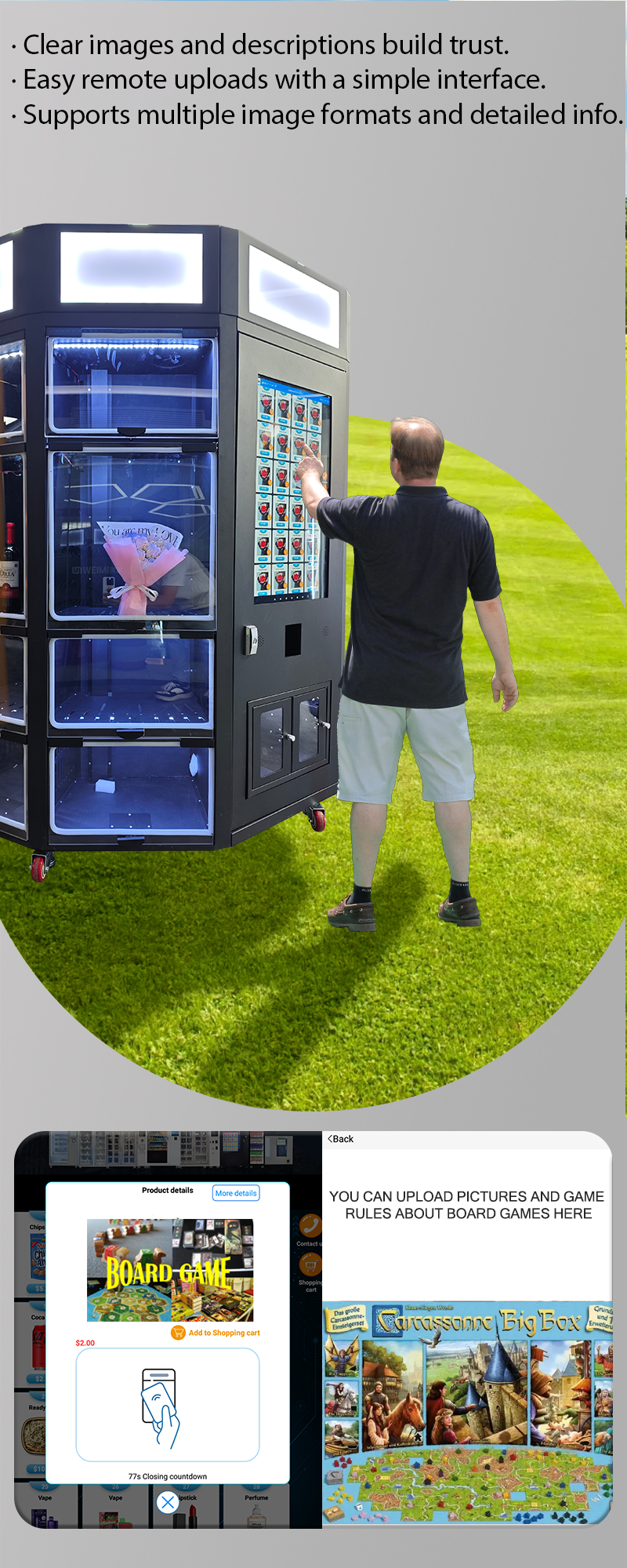 This Board Game Vending Machine enables smooth remote management, offering clear, trustworthy product displays with detailed information, which enhances the shopping experience for users.