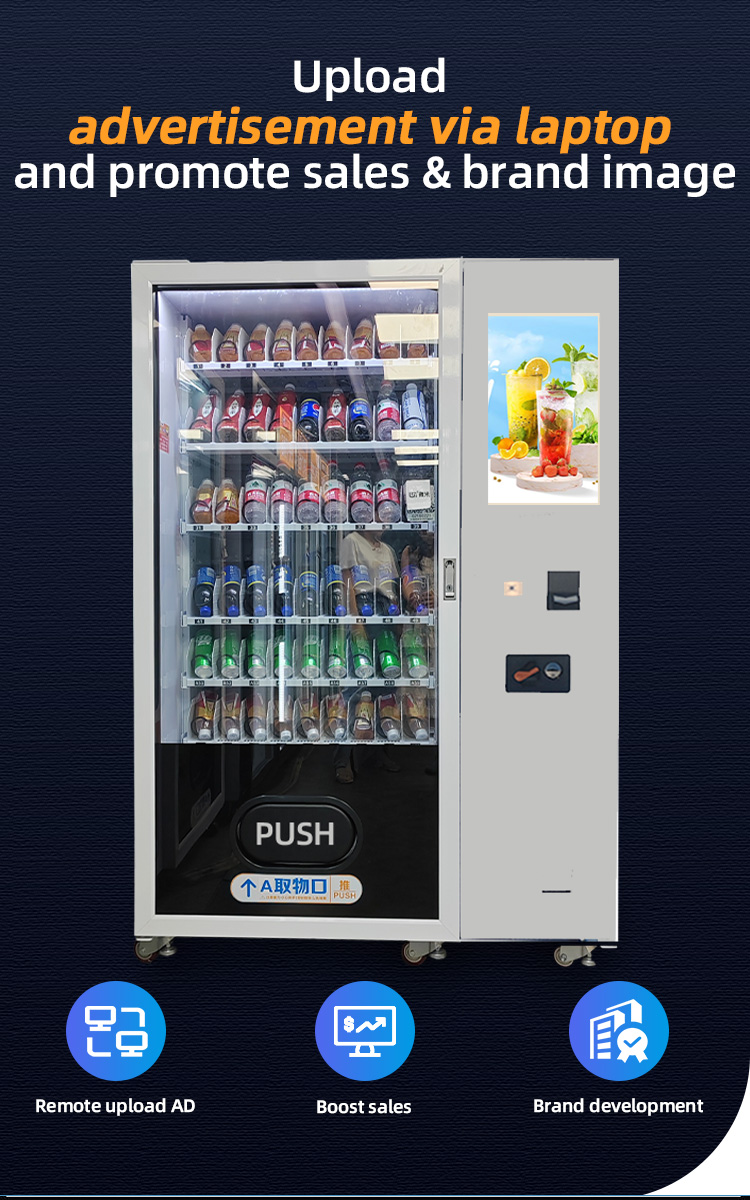 Snacks Drinks Vending Machine upload advertisement via laptop and promote sales and brand image