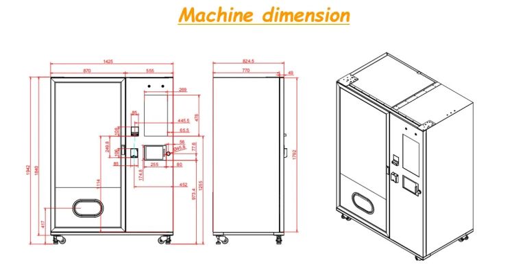 dimension of Cup Noodle Vending Machine with a built-in hot water dispenser for selling cup noodles, ramen and cereal