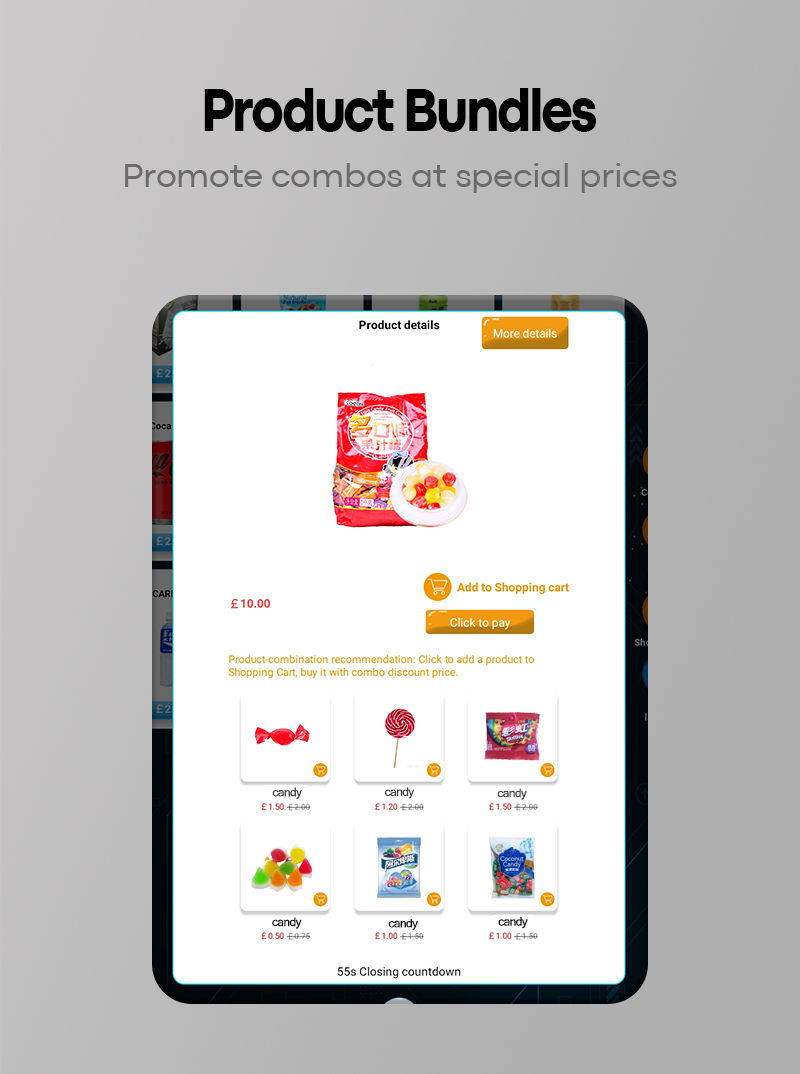 Large touchscreen vending machine product bundles