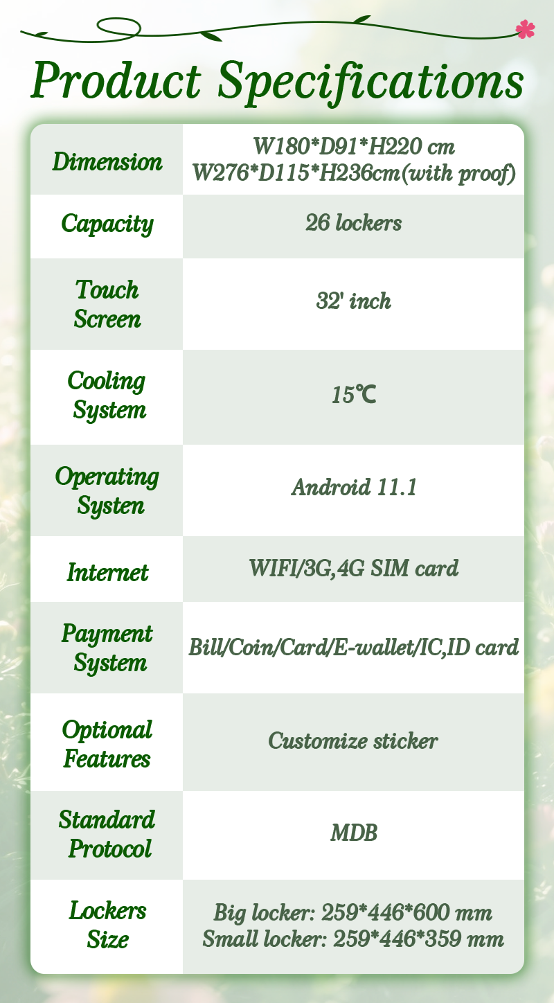 24/7 Automatic Outdoor Fresh Cut Flower Vending Machine specification
