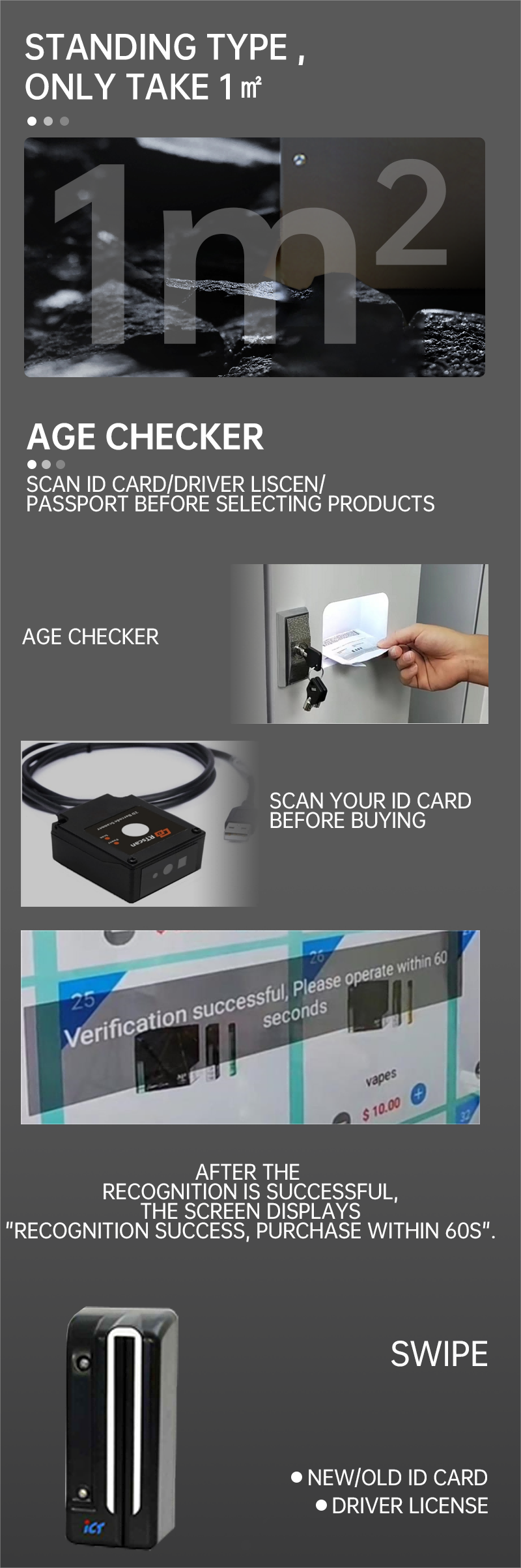 Floor Standing Vape Vending Machine with ID Scanner and Card Reader 3 age verification
