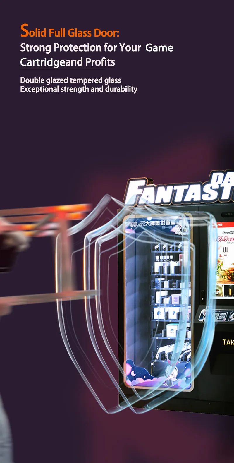 Gaming Cartridge Vending Machine have solid full glass door