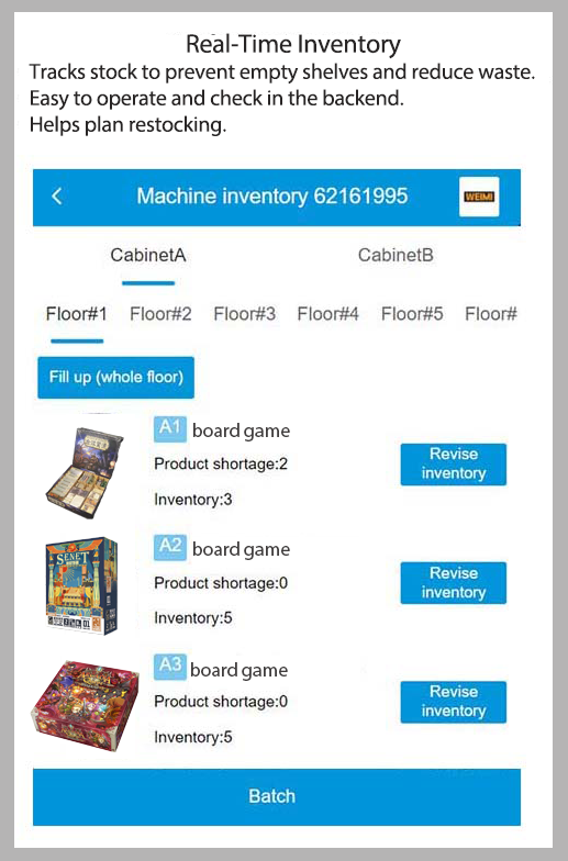This Board Game Vending Machine features real-time inventory tracking, effectively preventing empty shelves and optimizing product availability while reducing waste. The user-friendly backend makes stock checks easy, and it provides intelligent data support to help plan restocking, ensuring the machine operates efficiently and offers a smoother shopping experience for customers.