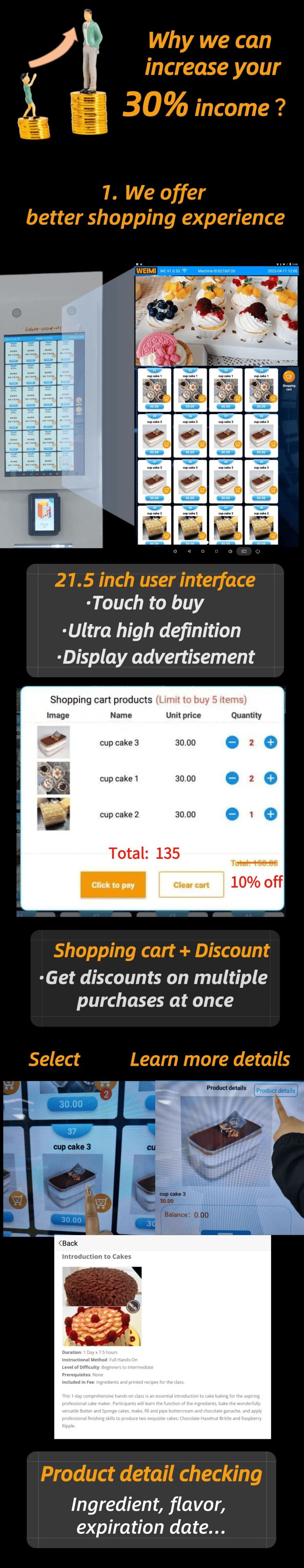 Refrigerated Cake Bread Vending Machine increase vending sales with 30% income refrigerated cake vending machine with 3~20℃ cooling system to keep cake and bread fresh