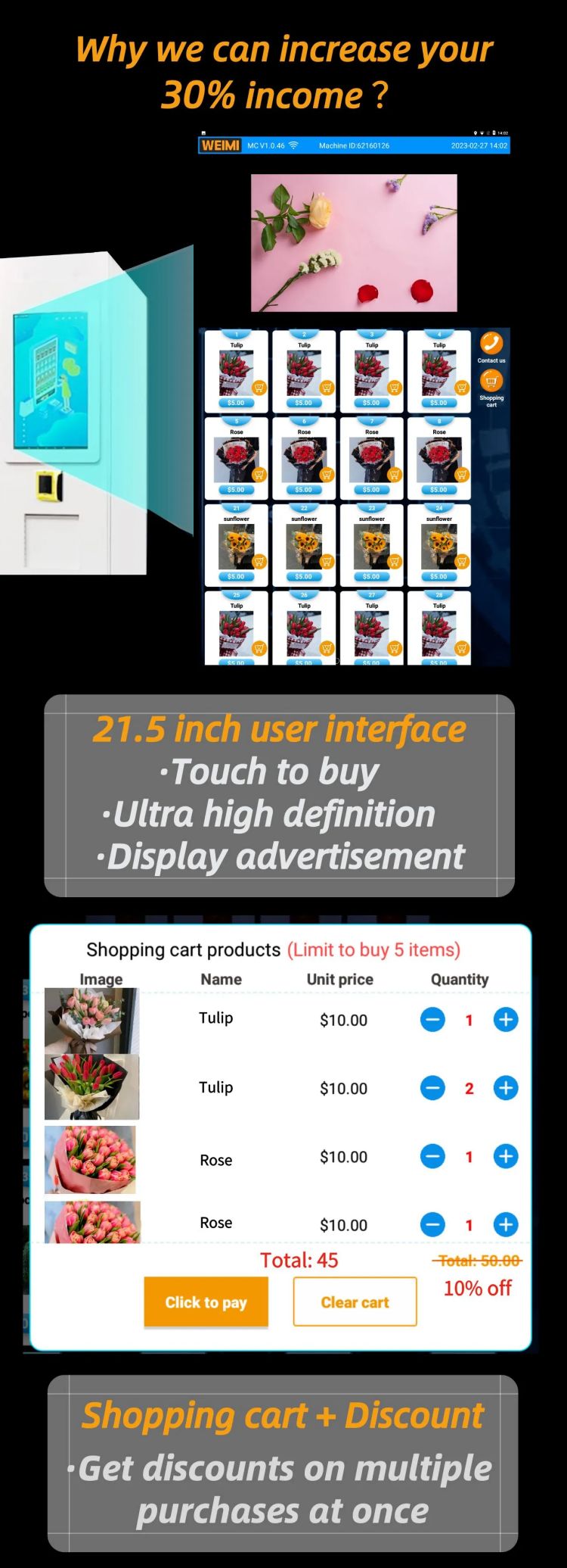 Custom Fresh Bouquet Vending Machine for Pot Plants Rose increase you 30% income