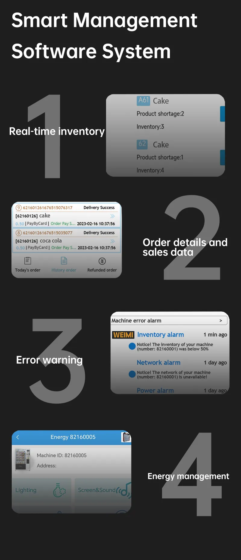 smart management software system for 55-inch big touch screen vending machine with telemetry