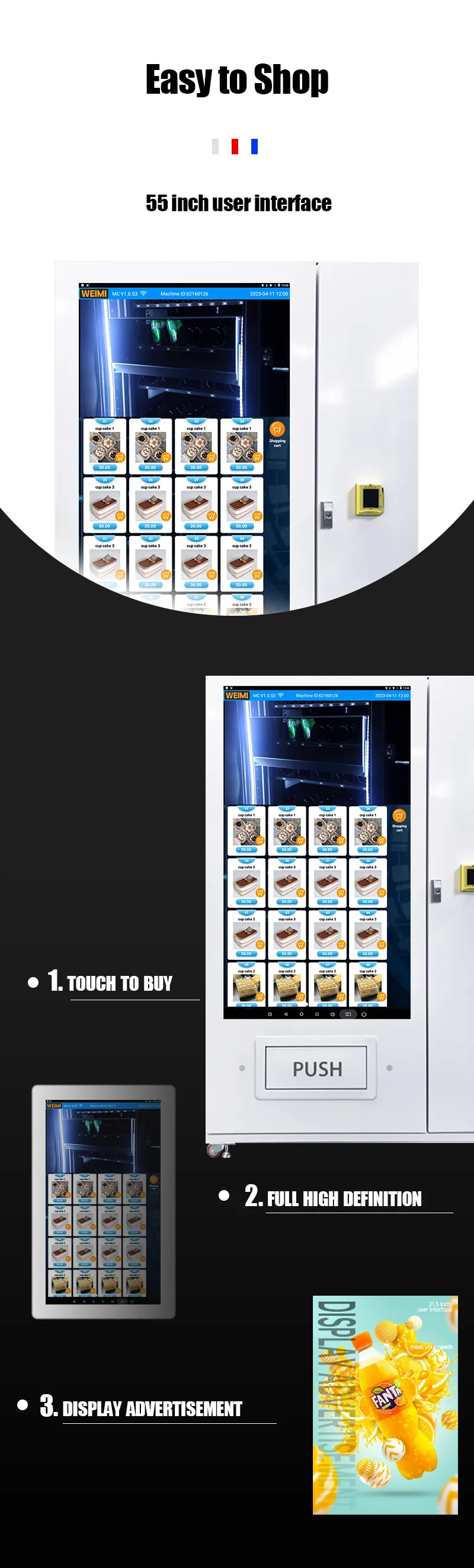 55-inch big touch screen vending machine with telemetry can display advertisement on the large screen