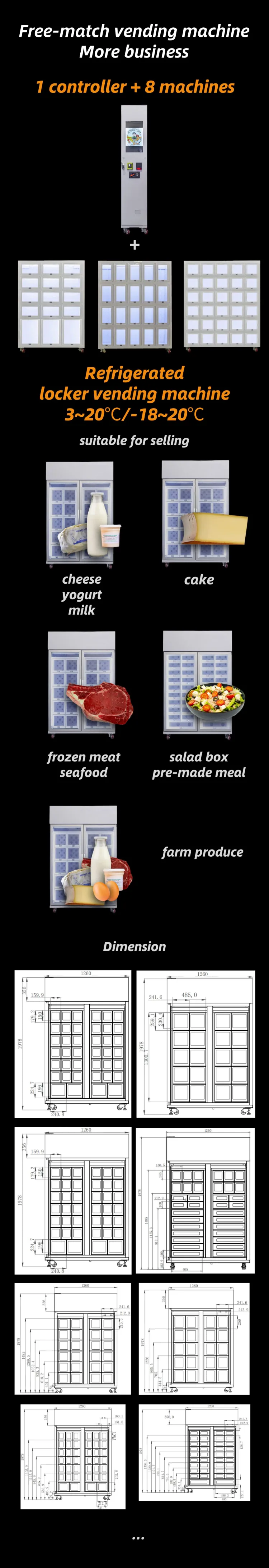 free-match locker vending machine 1 controller can combined with up to 8 machines suitable for selling farm produce frozen meat seafood milk egg and electronics keys medications...