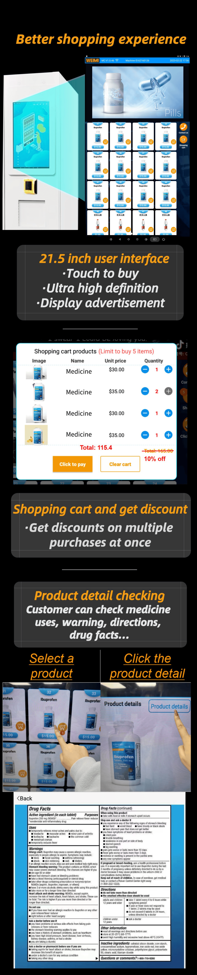 weimi medicine vending machine 24/7 pharmacy offers better shopping experience, check product details, multiple purchase at once