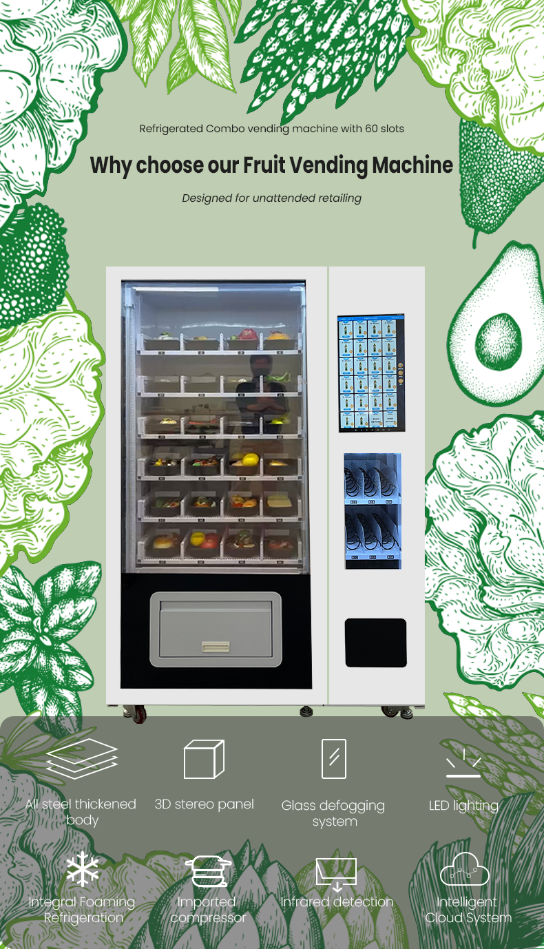 Fresh Salad Fruit Desserts Vending Machine with Pusher Slots Card Reader for Dining Hall Shopping Mall