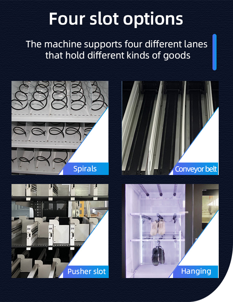 four slot options for WEIMI Age Verification Vending Machine spirals conveyor belt pusher slot hanging