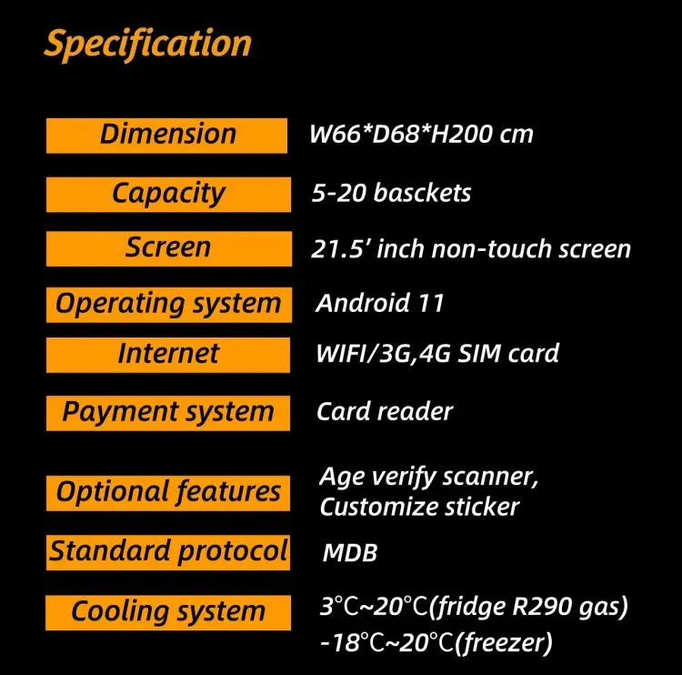 Smart Freezer Vending Machine for Pre-made Meal specification