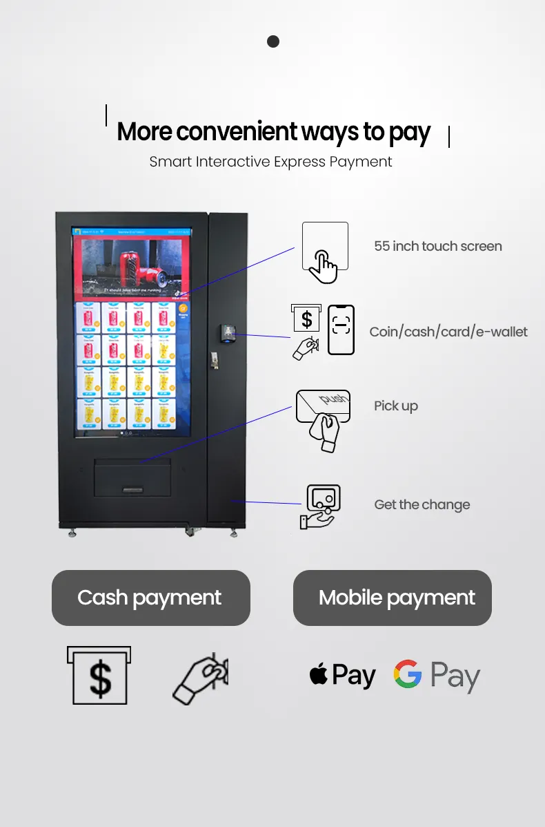 Large Touchscreen Refrigerated Food Snacks Vending Machine with LCD Advertising Screen optional payments more convenient ways to pay