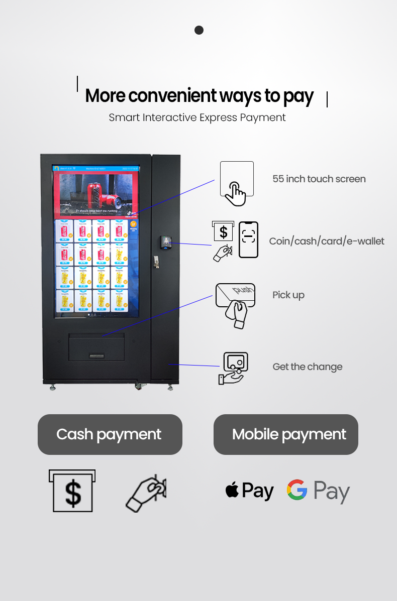 Large Touchscreen Refrigerated Food Snacks Vending Machine with LCD Advertising Screen optional payments more convenient ways to pay