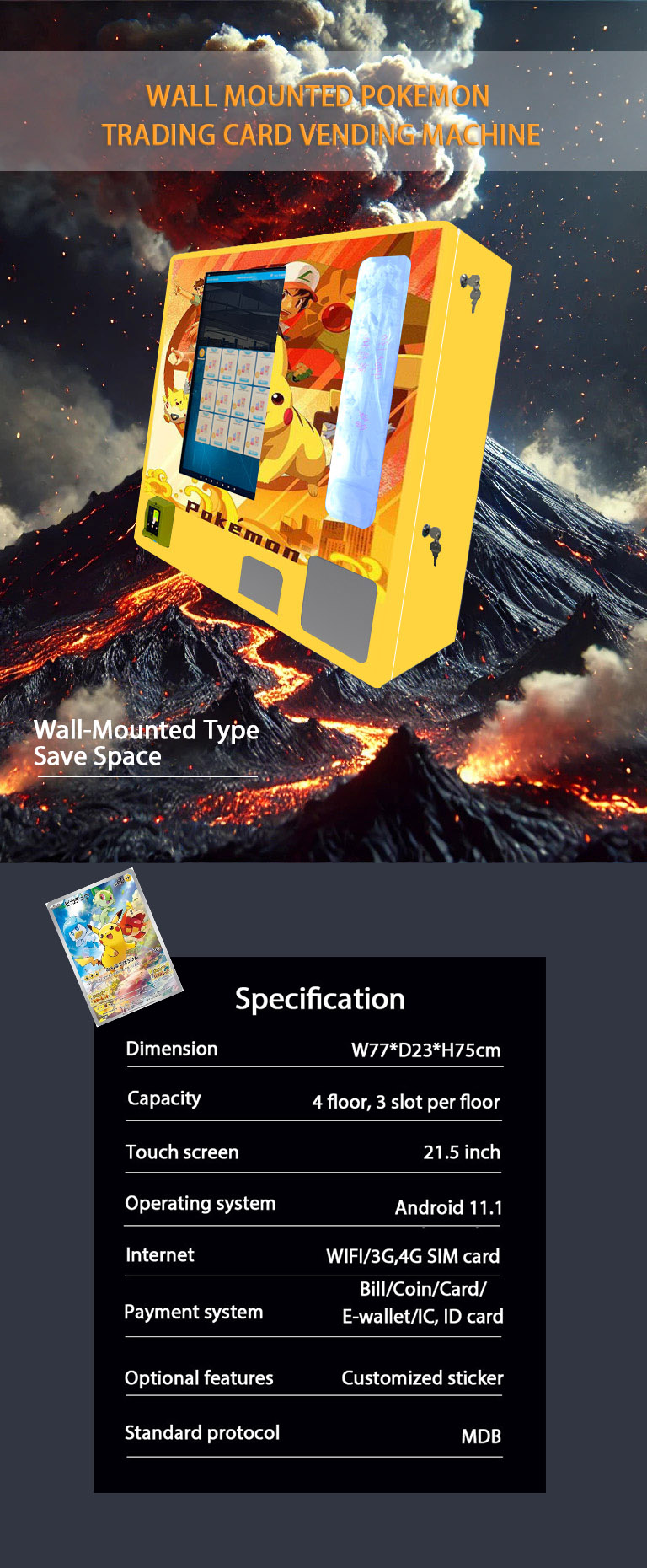 Mini Wall-Mounted TCG Tavern Vending Machine Magic Cards save space for retailers.check detailed specification of our pokemon trading card vending machine