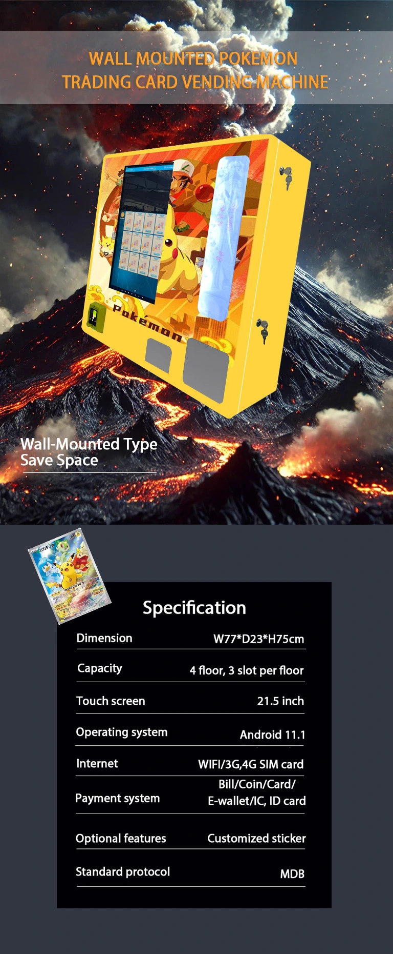Mini Wall-Mounted TCG Tavern Vending Machine Magic Cards save space for retailers.check detailed specification of our pokemon trading card vending machine