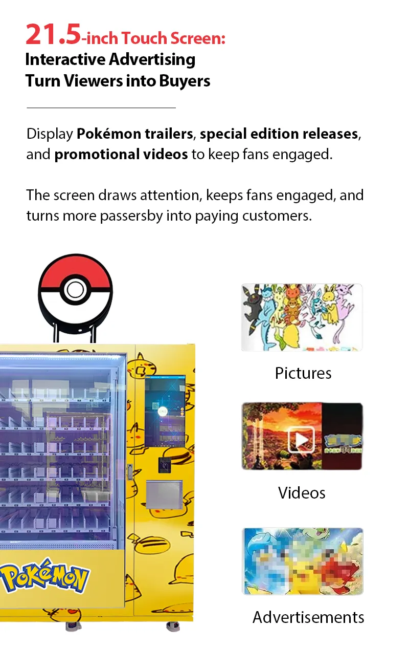 Pokémon Card Machine Booster Pack Dispenser with Cashless Payment to Sell Bulk Pokemon Cards displaying ads
