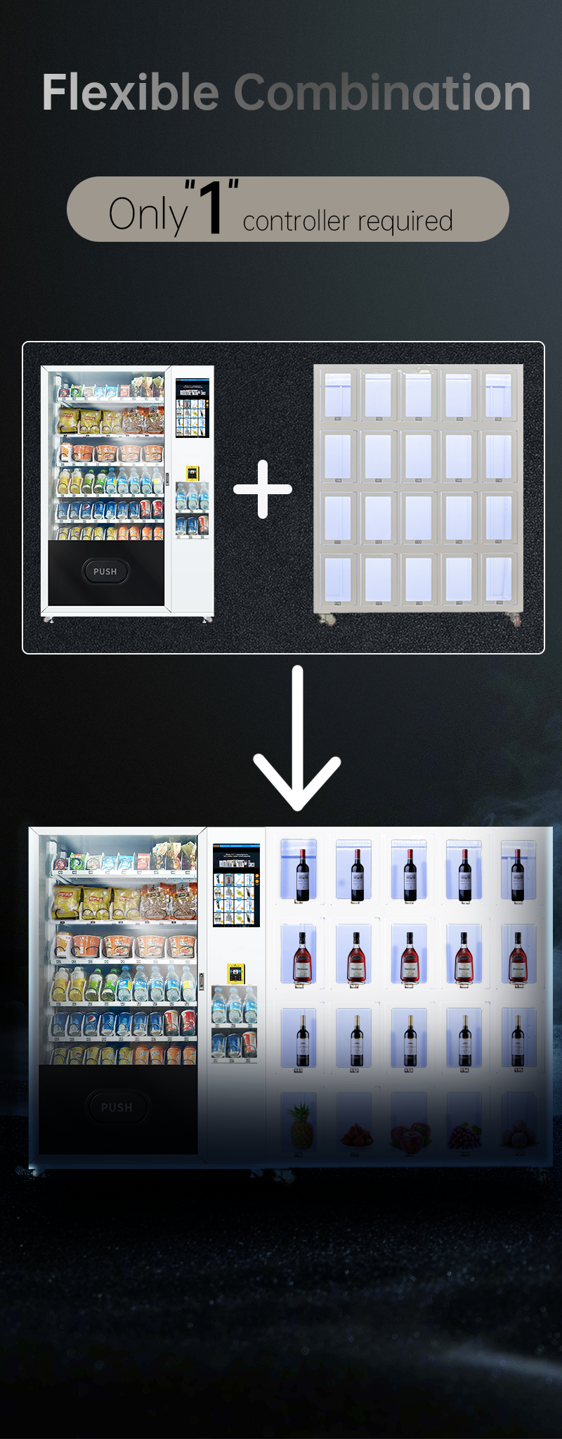 flexible combination Snack, Drink, Fresh Fruit & Glass Bottled Vending Machine