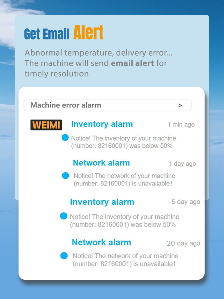 Get timely email alert for a Beer Vending Machine about abnormal temperature, delivery error...