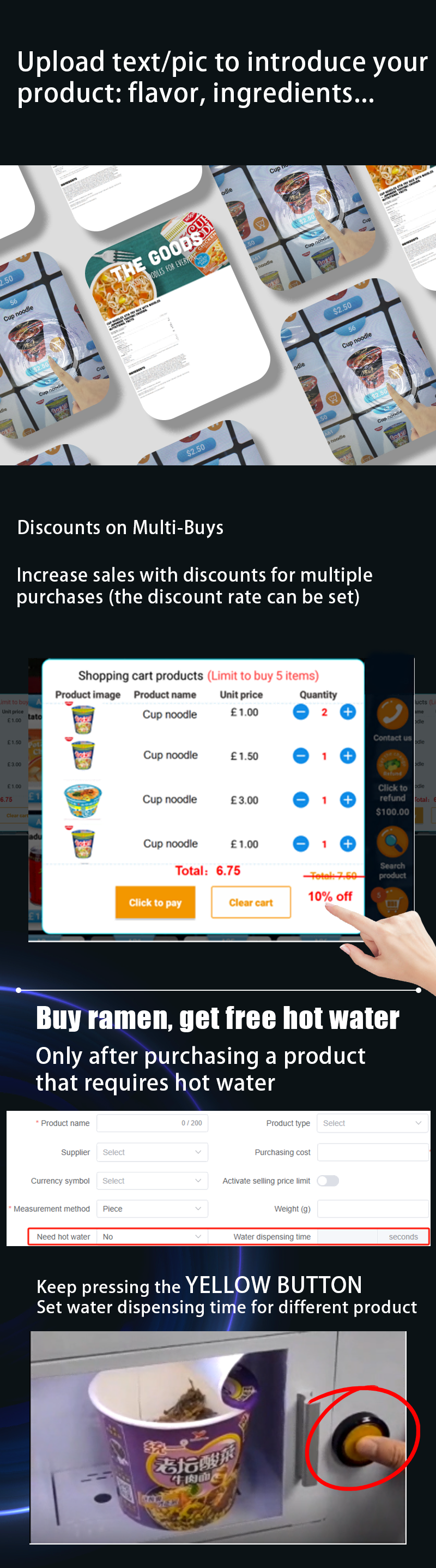 Cup noodle ramen vending machine with free hot water supply Upload product details to avoid food allergies