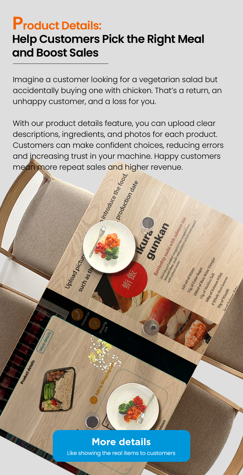 Hot Food Vending Machine with Elevator Built-in Microwave check meals details