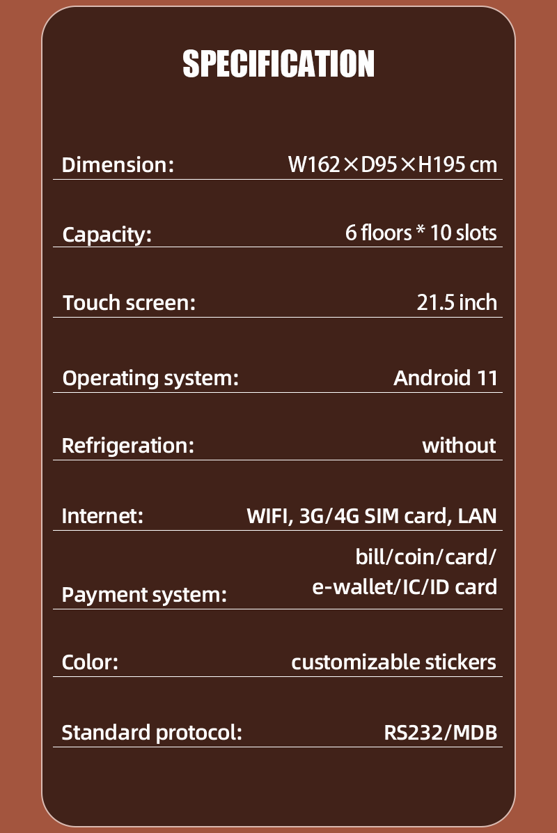 specification-3C Products Electronics Vending Machine with Custom Branding for Airport Transport Stations