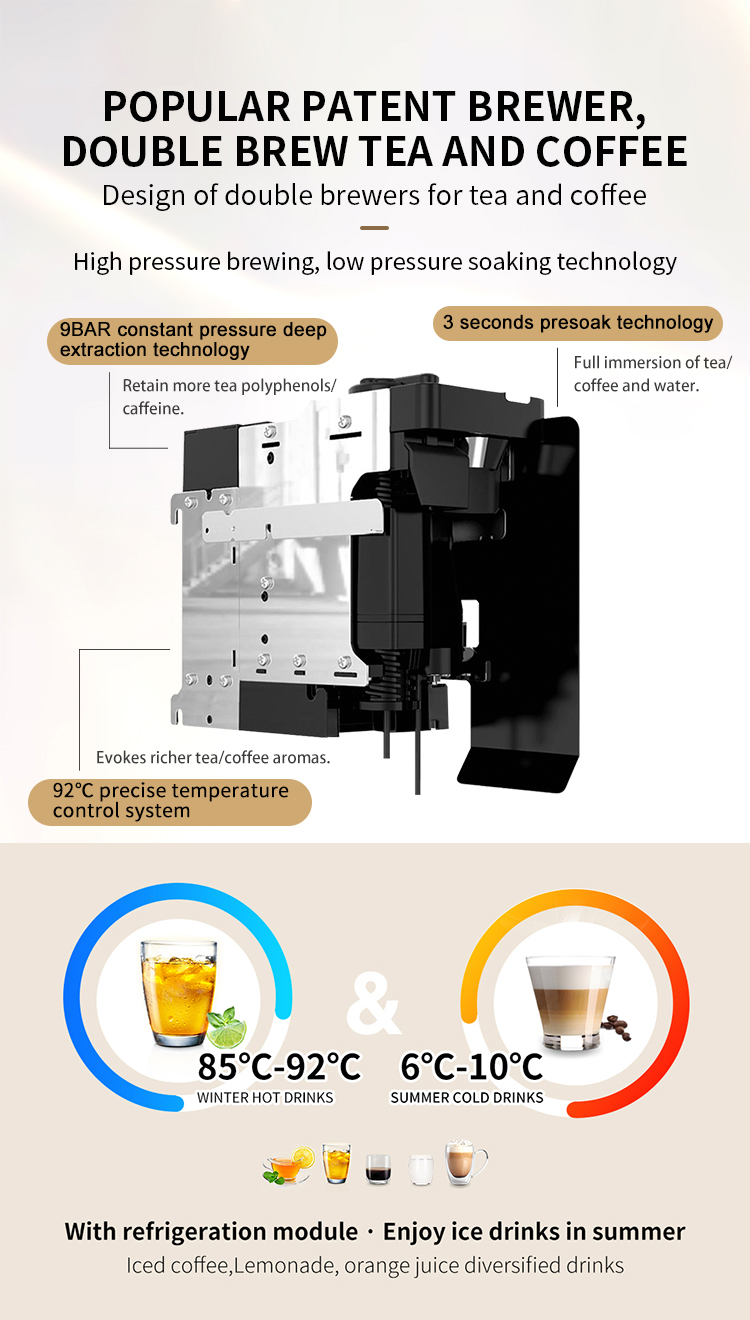Commercial Coffee Vending Machine for office with patent brewers for tea and coffee high pressure brewing low pressure soaking technology