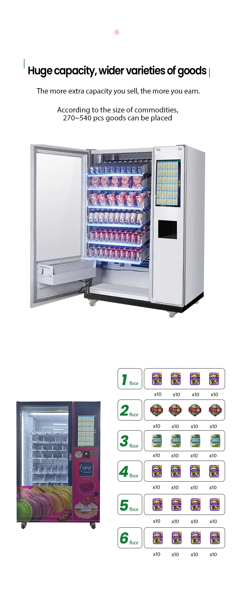 Cupcake Vending Machine for sale with Automatic Elevator System and Refrigerated Custom Stickers huge capacity for wider varieties of goods
